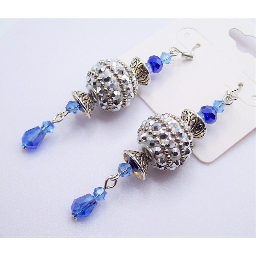 Crystal Dangle Earrings, Silver, Blue, Artisan Crafted Drop Earrings